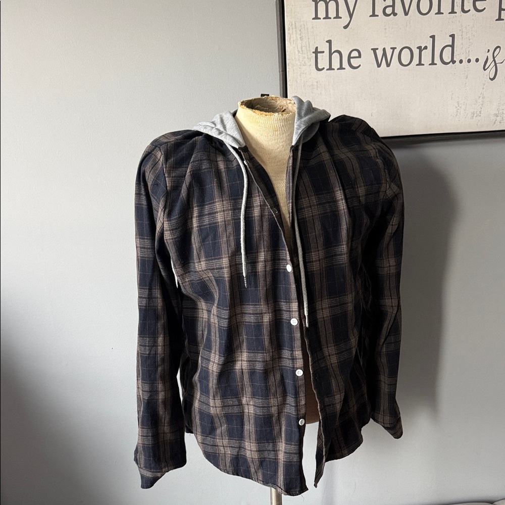 Source Unknown Plaid Shirt Jacket with Hood - Black and Gray